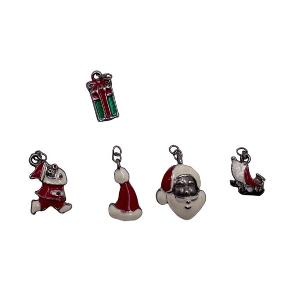Vintage Christmas Charms Lot of 6 Santa Snowman Sleigh Enamel Red Charm Bracelet - Picture 3 of 6